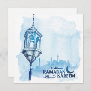 Ramadan Kareem Mubarak Watercolor Blaue Moschee Feiertagskarte