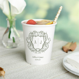 Rambling Rose Sage Monogramm-Wappen Hochzeit Pappbecher