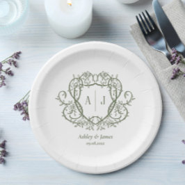 Rambling Rose Sage Monogramm-Wappen-Hochzeit Pappteller