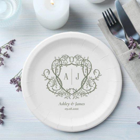Rambling Rose Sage Monogramm-Wappen-Hochzeit Pappteller