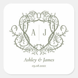 Rambling Rose Sage Monogramm-Wappen-Hochzeit Quadratischer Aufkleber