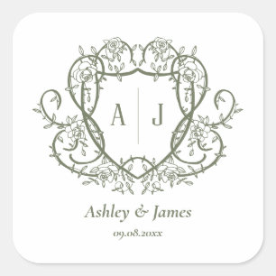 Rambling Rose Sage Monogramm-Wappen-Hochzeit Quadratischer Aufkleber