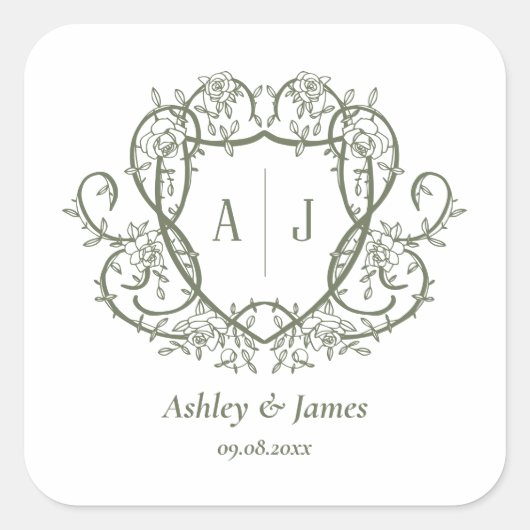Rambling Rose Sage Monogramm-Wappen-Hochzeit Quadratischer Aufkleber (Vorderseite)