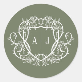 Rambling Rose Sage Monogramm-Wappen Hochzeit Runder Aufkleber