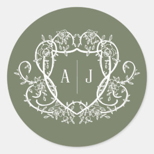 Rambling Rose Sage Monogramm-Wappen Hochzeit Runder Aufkleber