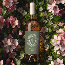Rambling Rose Sage Monogramm-Wappen-Hochzeit Weinetikett