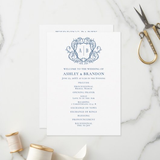 Rambling Rose Steel Blue Crest Monogramm Hochzeit Programm (Vorderseite/Rückseite Beispiel)