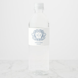 Rambling Rose Steel Blue Monogramm Wappen Hochzeit Wasserflaschenetikett