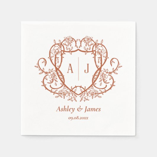 Rambling Rose Terrakotta-Monogramm-Wappen Hochzeit Serviette (Vorderseite)