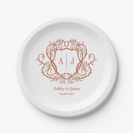 Rambling Rose Terrakotta-Monogrammwappen-Hochzeit Pappteller (Vorderseite)