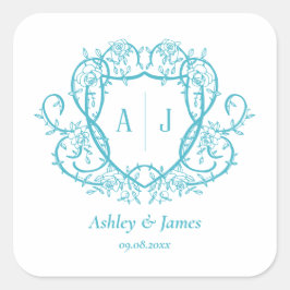 Rambling Rose Türkis Monogramm Wappen Hochzeit Quadratischer Aufkleber