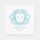 Rambling Rose Türkis Monogramm-Wappen Hochzeit Serviette (Vorderseite)