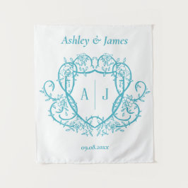 Rambling Rose Türkis Monogramm-Wappen Hochzeit Wandteppich