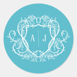 Rambling Rose Türkis Monogrammwappen Hochzeit Runder Aufkleber