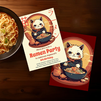 Ramen Birthday Party mit japanischer Ramen Cat Einladung