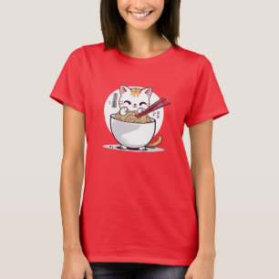 Ramen Cat Eating Noodles Design T - Shirt