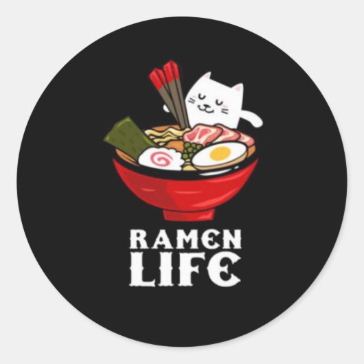 Ramen Life Cat Eat auf Unisex Poly Cotton Runder Aufkleber (Vorderseite)