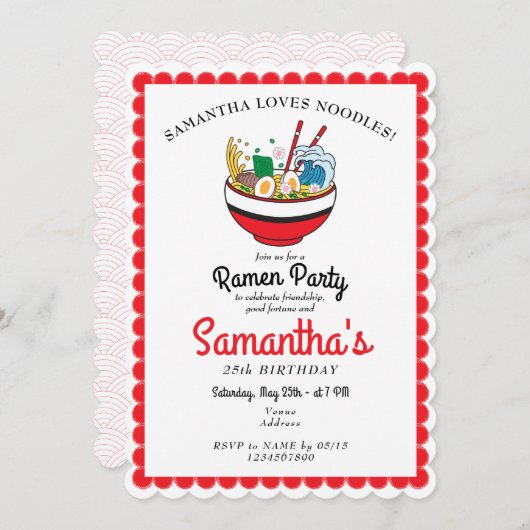 Ramen Red Japanese Miso Noodle Soup Birthday Party Einladung (Vorne/Hinten)