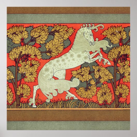 RAMPANTE WEISSE PFERDE, BÄUME IM Jugendstil Poster (Vorne)