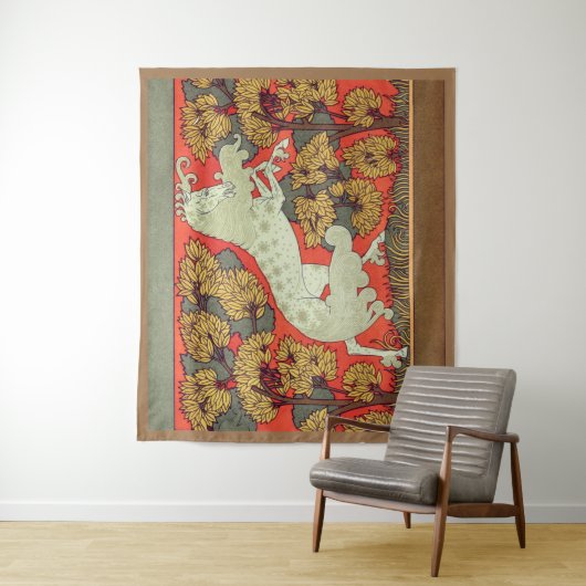 RAMPANTE WEISSE PFERDE, BÄUME IM Jugendstil Wandteppich (Beispiel)