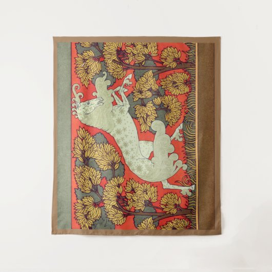 RAMPANTE WEISSE PFERDE, BÄUME IM Jugendstil Wandteppich (Vorderseite)