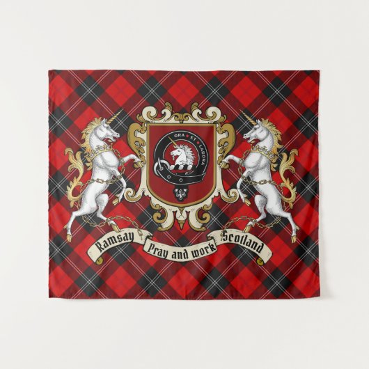 Ramsay Clan Abzeichen & Unicorns w/Tartan Wandteppich (Vorderseite (Horizontal))