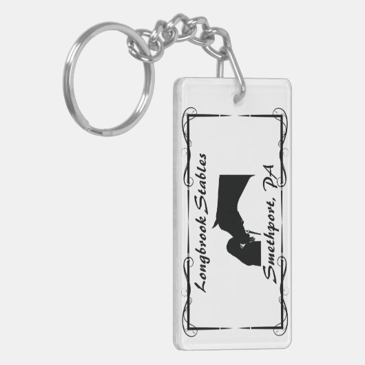 Ranch oder Stabname Pferd und Fahrer Schlüsselanhänger (Vorderseite links)