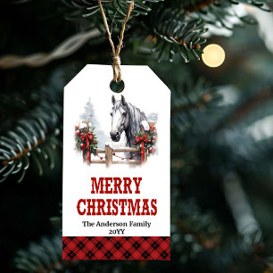 Ranch-Weihnachtsetikett mit Pferdekutsche in Rot u Geschenkanhänger