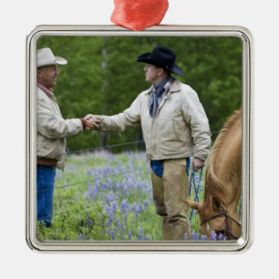 Rancher, die sich über den Zaun hinweg die Hände s Silbernes Ornament