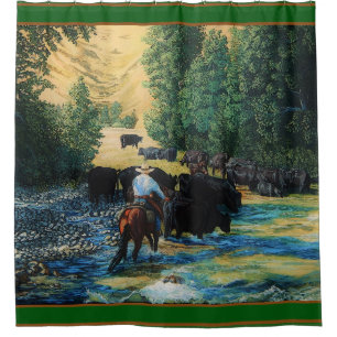 Ranchpferd, Angus-Viehherde in dem Fluss- Duschvorhang