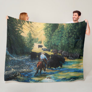 Ranchpferd, Angus-Viehherde in Fluss cartooned Fleecedecke