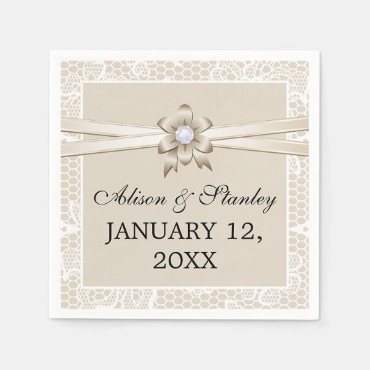 Rand mit beige Band und Blume Hochzeit Serviette (Vorderseite)