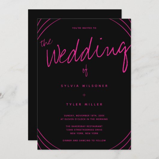 Ränder-Schwarz-Rosa-Hochzeit Einladung (Vorne/Hinten)