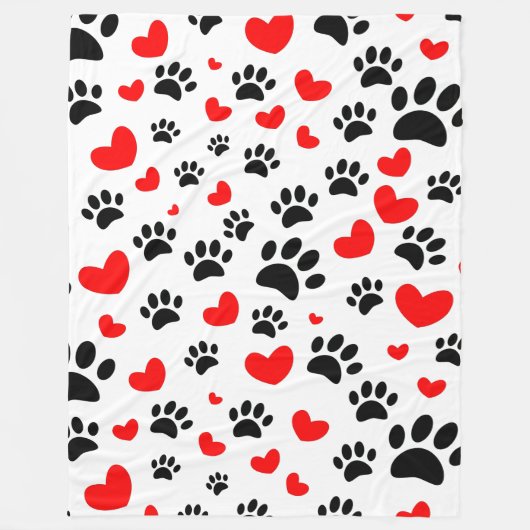 Random Cartoon Dog Paw Prints and Red Hearts Fleecedecke (Vorderseite)