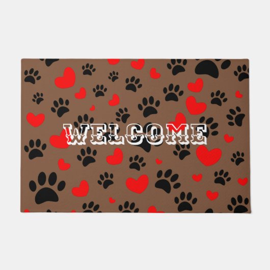 Random Cartoon Dog Paw Prints and Red Hearts Fußmatte (Vorderseite)