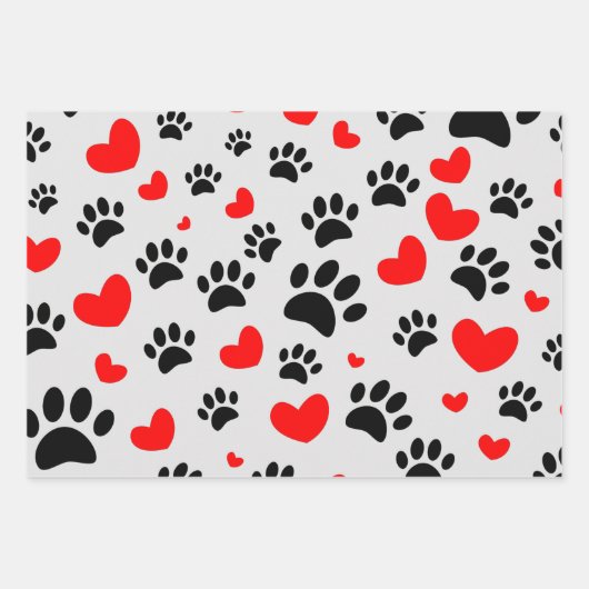 Random Cartoon Dog Paw Prints and Red Hearts Geschenkpapier Set (Vorderseite)