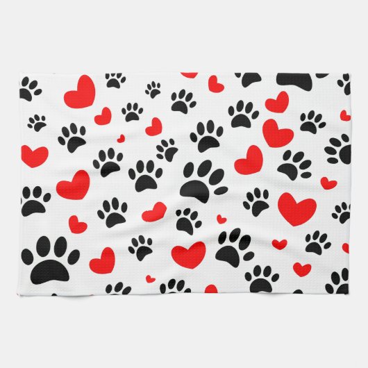 Random Cartoon Dog Paw Prints and Red Hearts Geschirrtuch (Horizontal)
