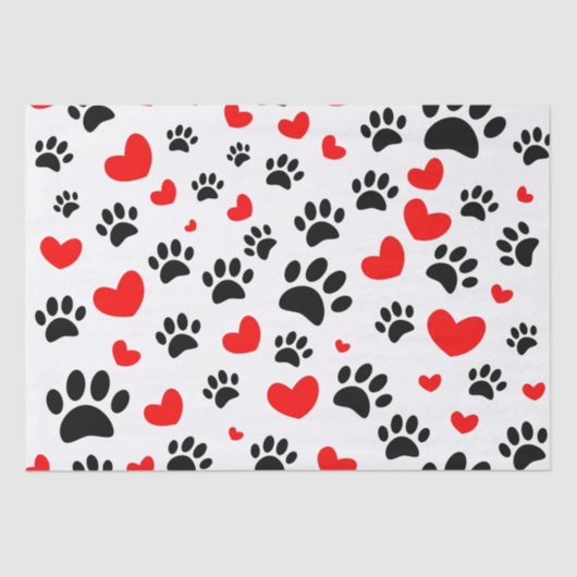 Random Cartoon Dog Paw Prints and Red Hearts Seidenpapier (Vorderseite)