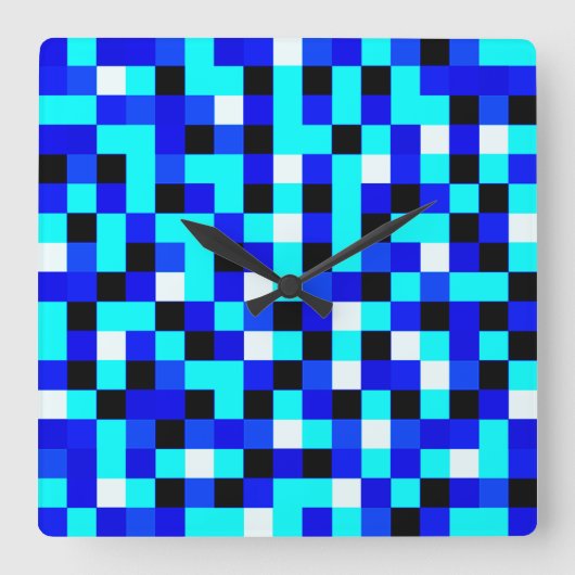 Random Checkered Pixel Art - Blau & Weiß Quadratische Wanduhr (Vorderseite)