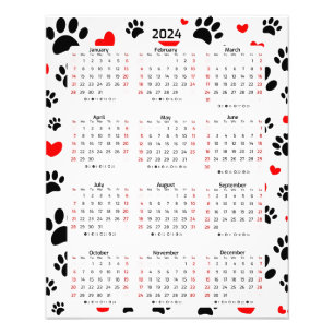 Random Dog Paw Prints and Red Hearts 2024 Kalender Fotodruck