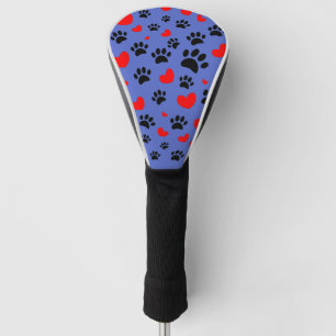 Random Dog Paw Prints und Red Hearts Blue Golf Headcover