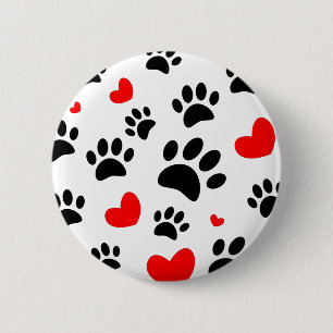 Random Dog Paw Prints und Rote Herzen Button