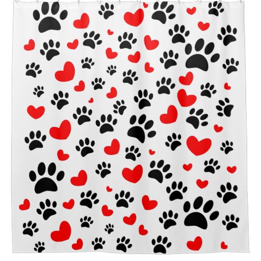 Random Dog Paw Prints und Rote Herzen Duschvorhang (Vorderseite)