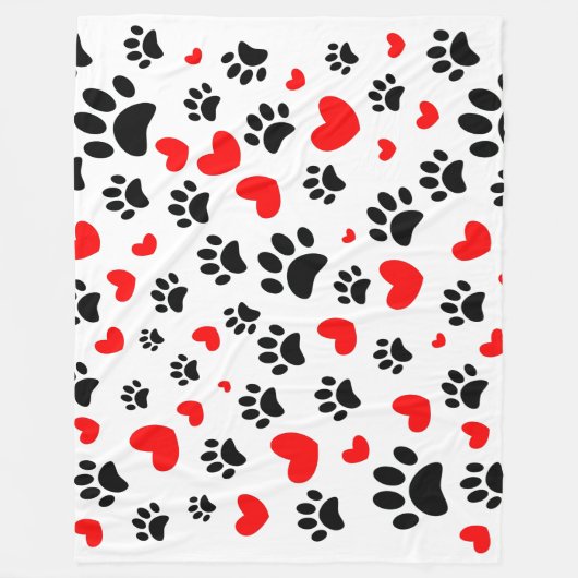 Random Dog Paw Prints und Rote Herzen Fleecedecke (Vorderseite)