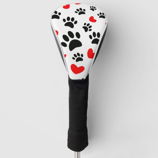 Random Dog Paw Prints und Rote Herzen Golf Headcover (Vorderseite)