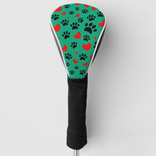 Random Dog Paw Prints und Rote Herzen grün Golf Headcover (Vorderseite)