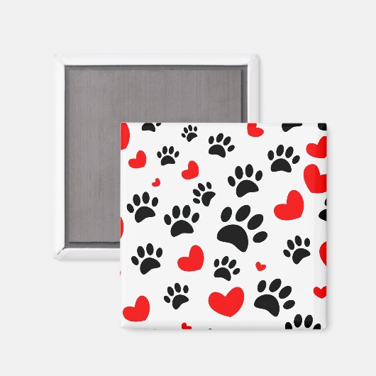 Random Dog Paw Prints und Rote Herzen Magnet (Vorderseite/Rückseite)