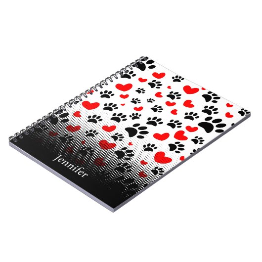 Random Dog Paw Prints und Rote Herzen Notizblock (Linke Seite)