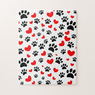 Random Dog Paw Prints und Rote Herzen Puzzle
