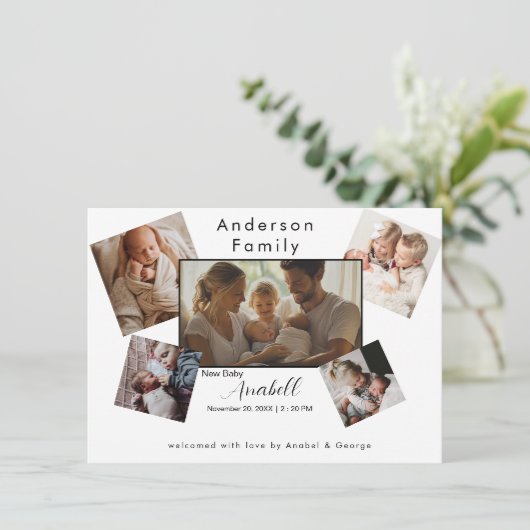 Random Family Photo Collage Birth Announcement  Ankündigung (Stehend Vorderseite)